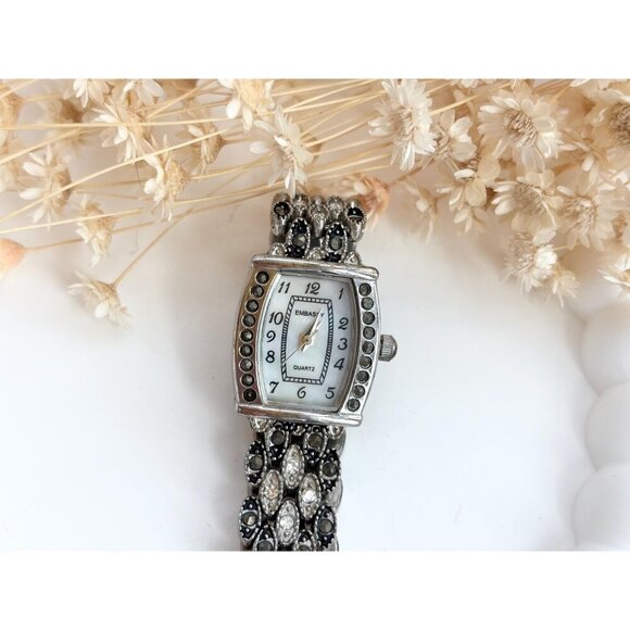 Embassy GEM9049L Marcasite Silver T Quartz Vintage Wristwatch - 14mm - WORKS! - Picture 3 of 8